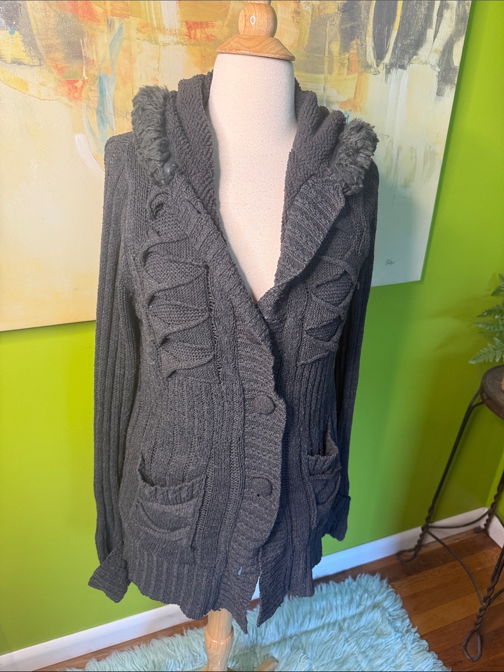 Roommates Hooded Cable Knit Cardigan Sweater - Charcoal Gray